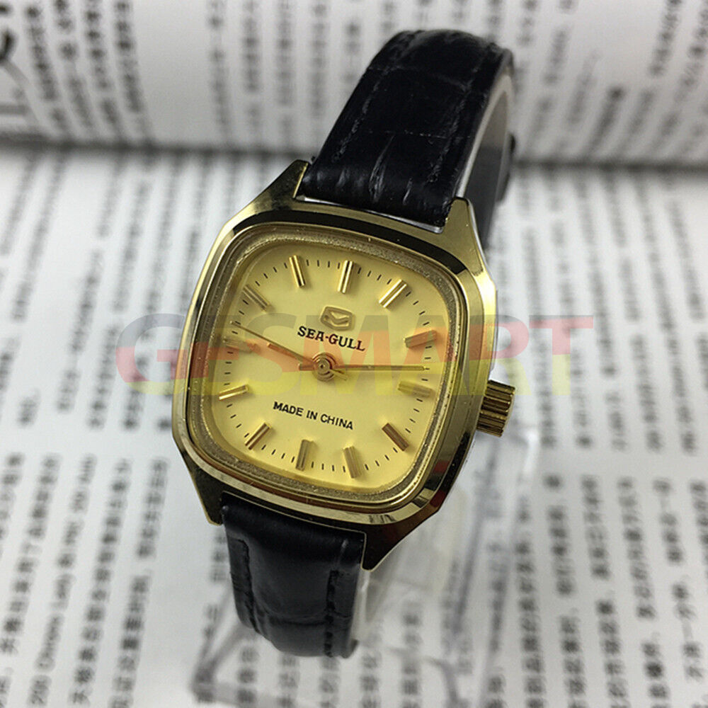 27mm golden square case ladies watch by Tianjin Seagull with mechanical movement and elegant design.