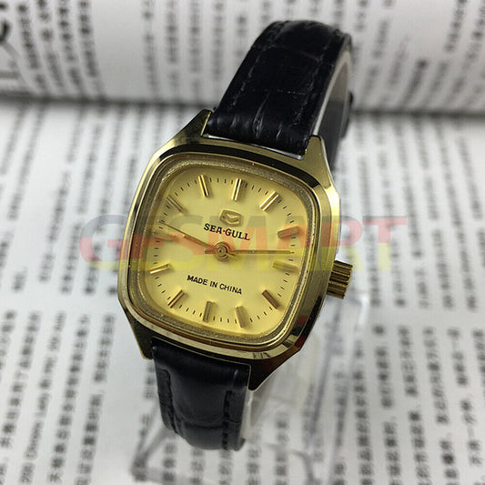 27mm golden square case ladies watch by Tianjin Seagull with mechanical movement and elegant design.