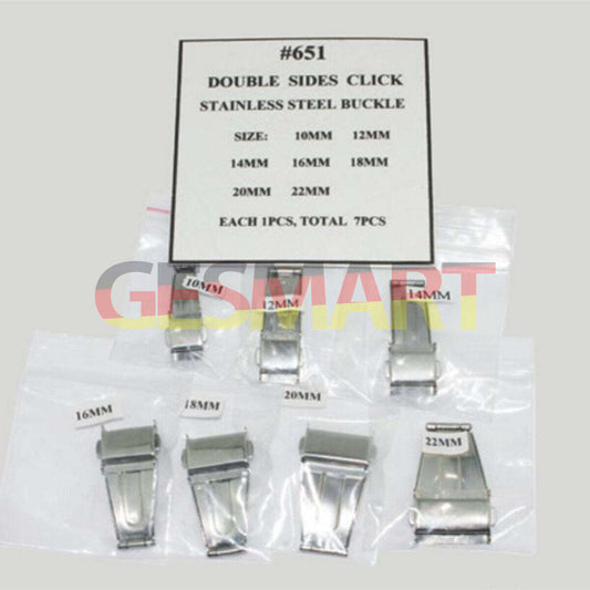 1. 7pcs silver stainless steel watch buckles, 10-22mm polished double-sided click design for accessories.  