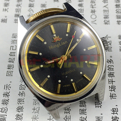 HONGLIAN 32mm manual mechanical watch with black dial, golden nail markers, 17 jewels for precise timekeeping