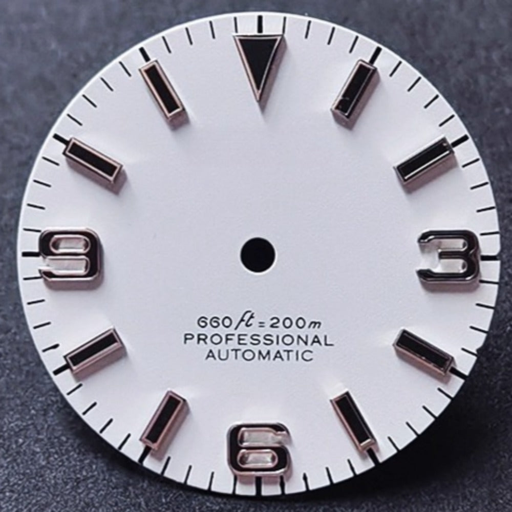 White 28.5mm Seashell watch dial with C3 BGW9 green lume, compatible with NH35, for 200m diving watches.