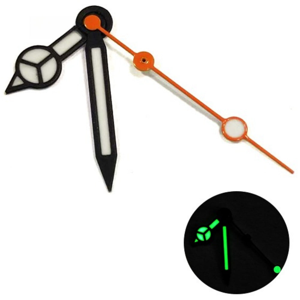Matted black trim watch hands with white painted lume and orange second hand, compatible with NH35/36 movements, brand-quality design.