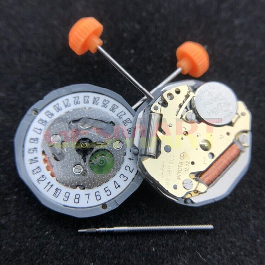 Miyota 1L12 Japan quartz watch movement with date at 6, reliable replacement part for precision timekeeping.