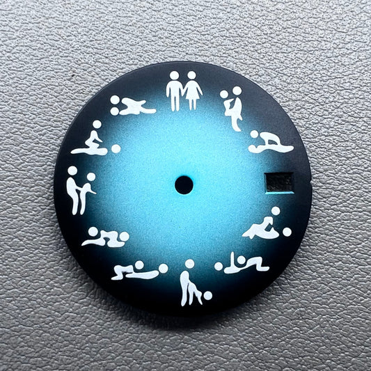 28.5mm green lume watch dial with gradual sky blue gradient, fits NH35 NH36 movements, by Adult Love.