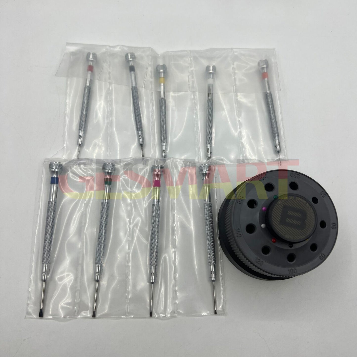 Bergeon 5970 rotating screwdriver set featuring 9 Swiss-made precision tools for detailed watch repairs.