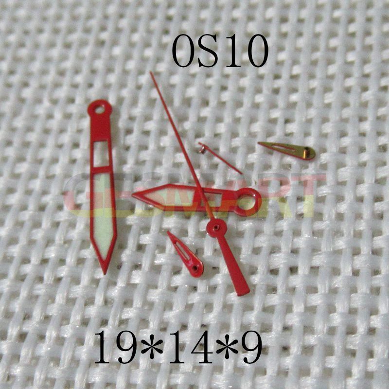 Red-trimmed green lume watch hands compatible with Miyota OS10 0S10 movement for precise timekeeping.