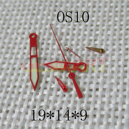 Red-trimmed green lume watch hands compatible with Miyota OS10 0S10 movement for precise timekeeping.