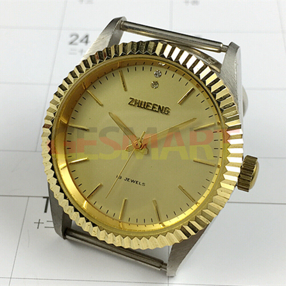 Zhufeng 36mm manual mechanical watch with golden round case and nail hour markers, two-hand design