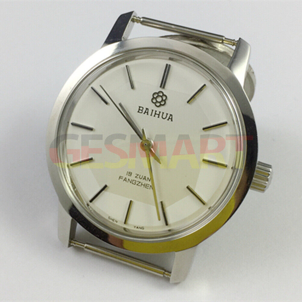 China Baihua 37mm silver manual mechanical watch with 19 jewels and shock-resistant design for durable performance.
