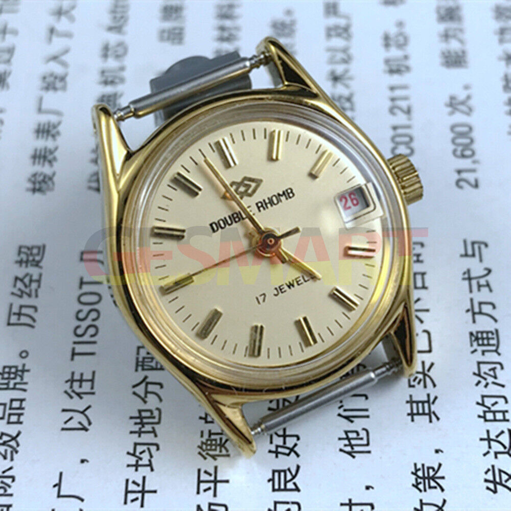 Double Rhomb golden nail ladies watch, manual mechanical movement, single calendar, 3 hands for elegant timekeeping.