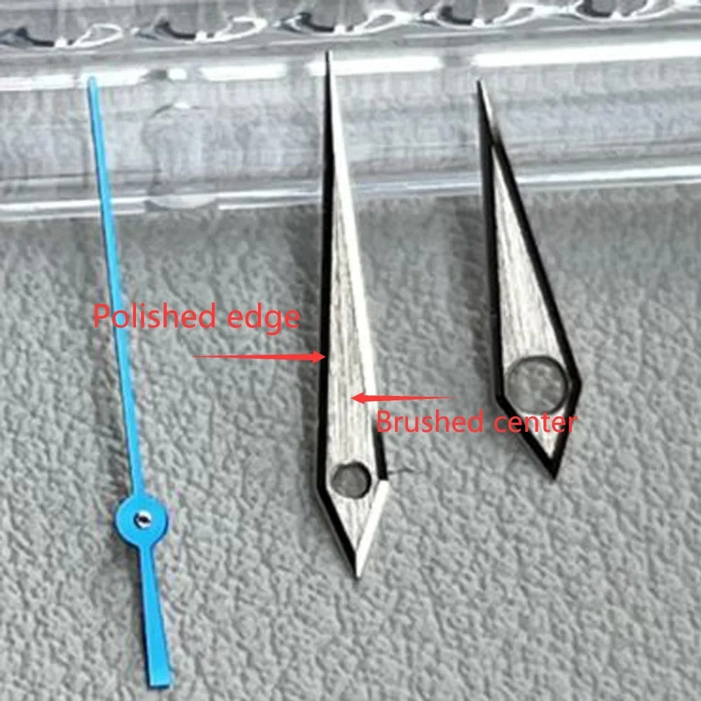 Silver polished arrow-shaped watch hands set, compatible with NH35 NH36 NH38 6309 7002 7009 movements, for precise timekeeping.
