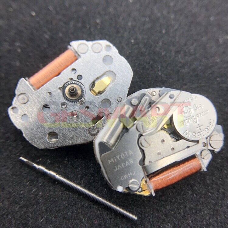 Miyota/Citizen silver 2035 quartz watch movement with stem, precision Japan-made component for repairs and replacements.