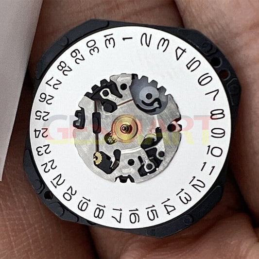 Hattori Epson VX32E quartz watch movement with date function at 3 o'clock, Japan made precision.