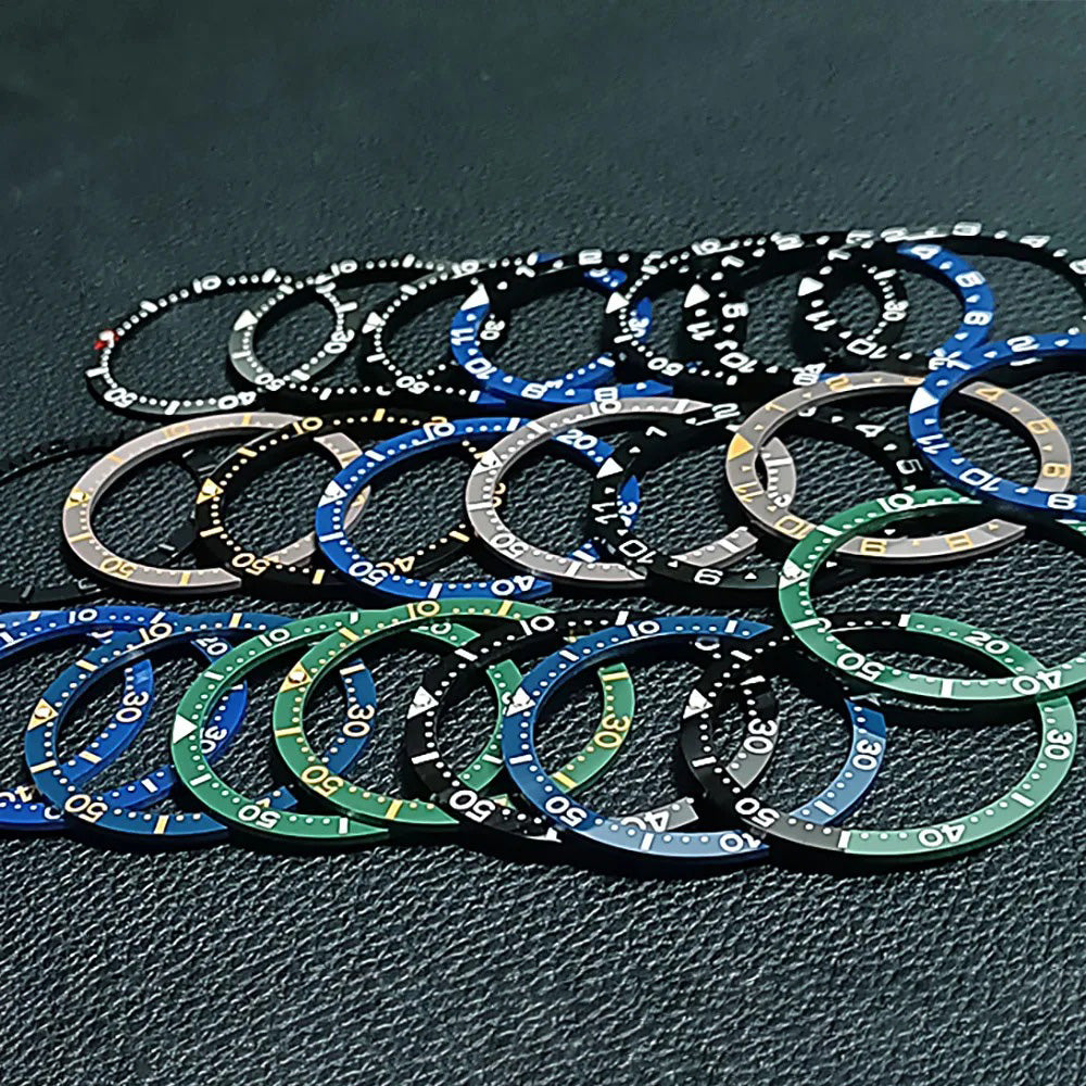 Flat ceramic bezel insert 38mm with luminous markers for precise watch accessory replacement.