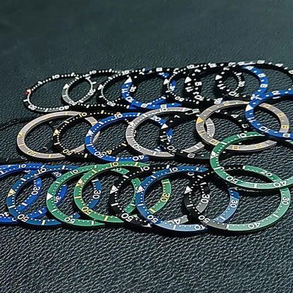 Flat ceramic bezel insert 38mm with luminous markers for precise watch accessory replacement.