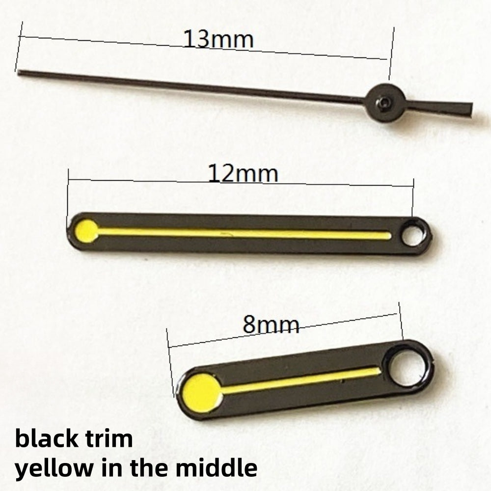 Black trim 13mm yellow watch hands set for Ronda 515 quartz movement, precision timepiece parts.