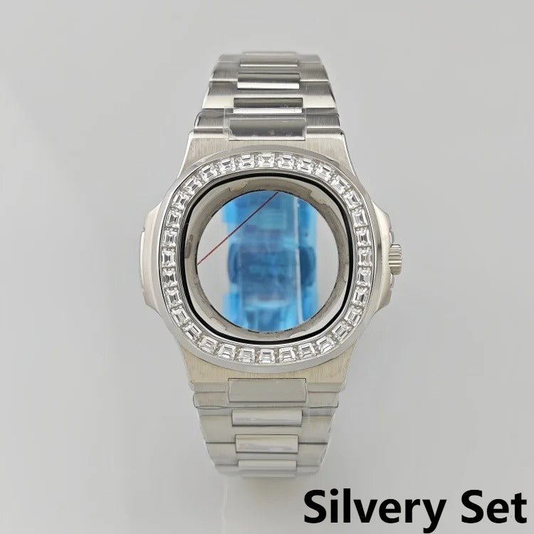 [Watch Cases] - 41mm Watch Case + Watch Strap Set Inlaid Diamond Bezel Case  PVD Plated Rose Gold Watch Accessories Suitable for NH35 Movement