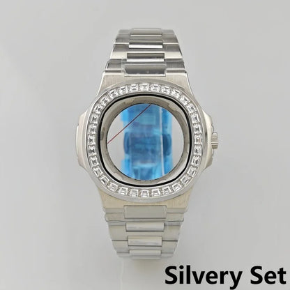 [Watch Cases] - 41mm Watch Case + Watch Strap Set Inlaid Diamond Bezel Case  PVD Plated Rose Gold Watch Accessories Suitable for NH35 Movement