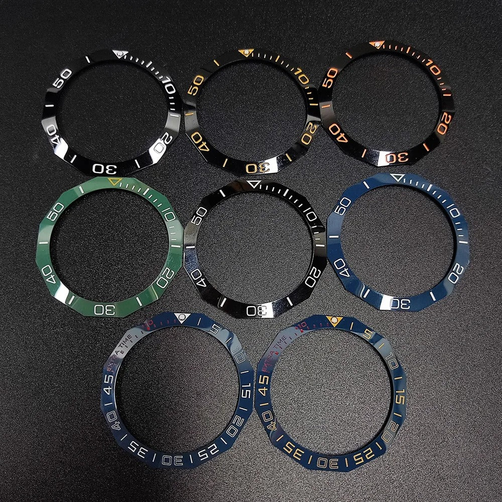 Sloping luminous ceramic bezel insert 42.3x33.3mm for automatic watch replacement, precise fit and durability.