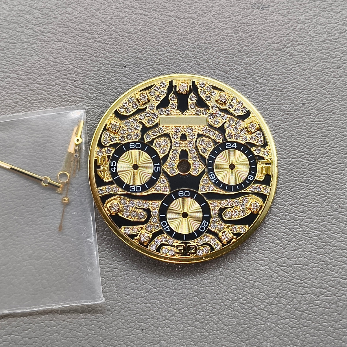 Embedded Diamond Watch Dial with Gold Trim Watch Hands for VK63 Movement