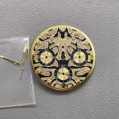 Embedded Diamond Watch Dial with Gold Trim Watch Hands for VK63 Movement