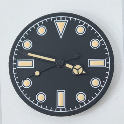 Vintage No Calendar watch dial with green lume and black trim hands, compatible with NH34 NH35 movements.