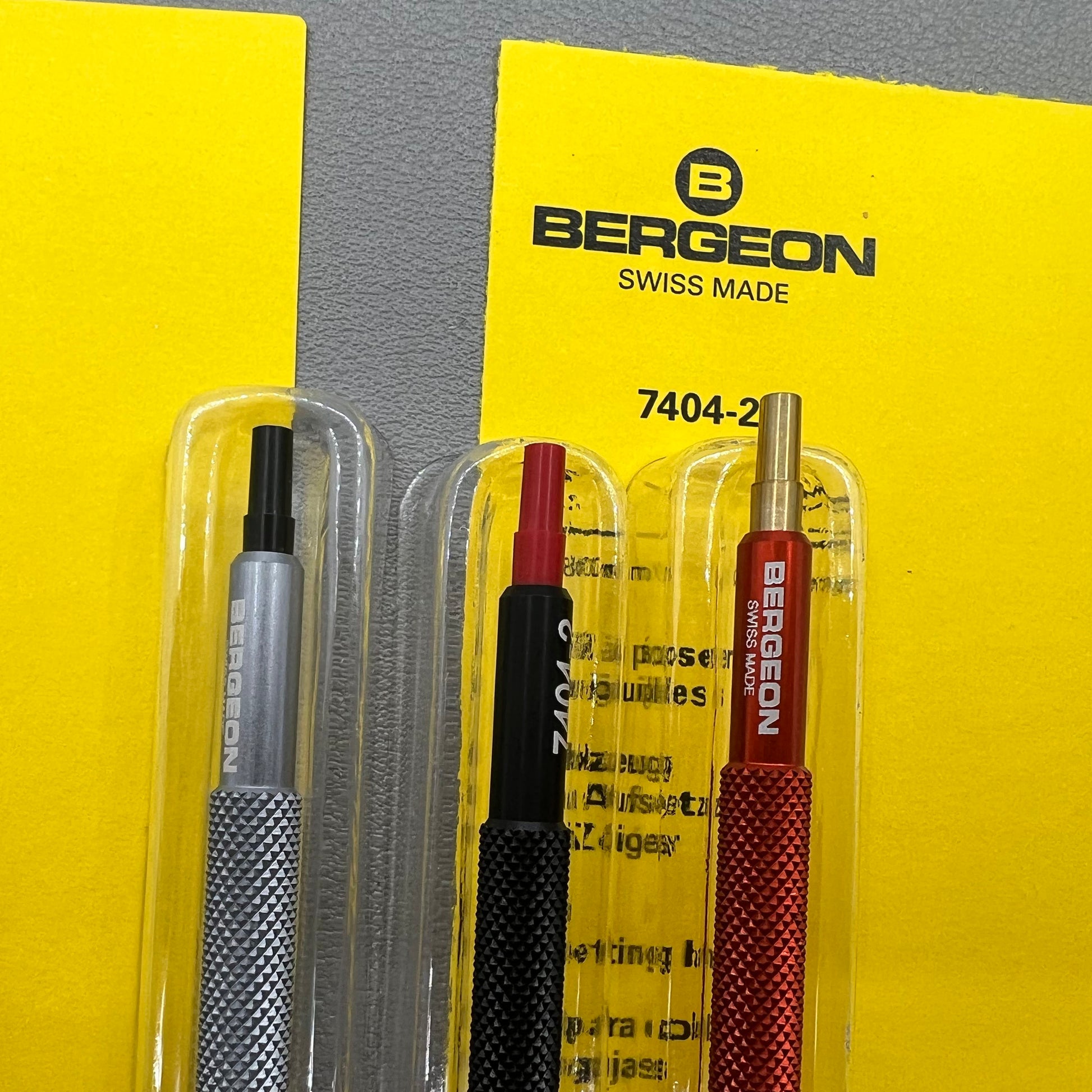 Swiss Bergeon 7404 watch hand fitting tools, precision set of 3 for professional watch repairs.
