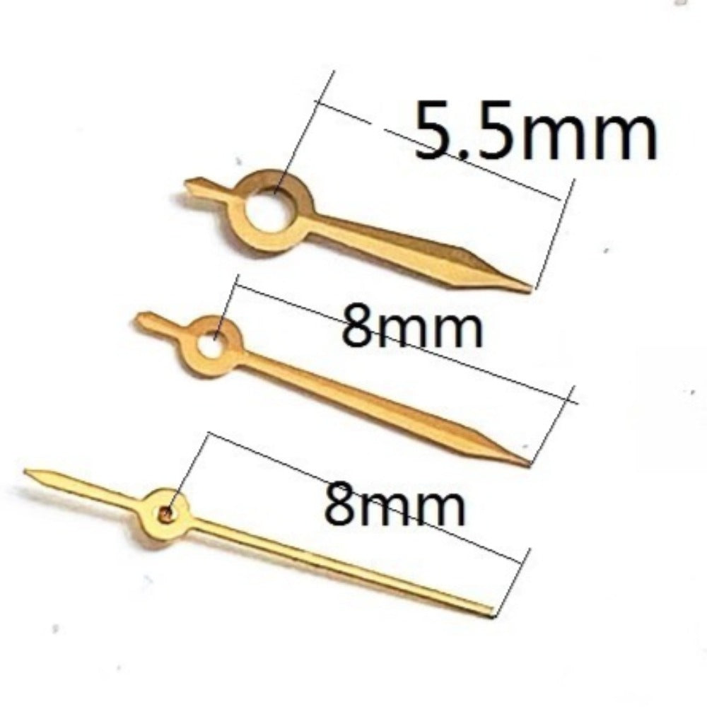 Golden 8x8x5.5mm watch hands designed for Ronda 785 movement, precise accessory.