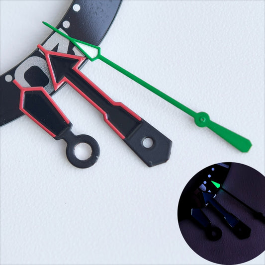 Black and green lume watch hands with red trim for NH35/36 movement