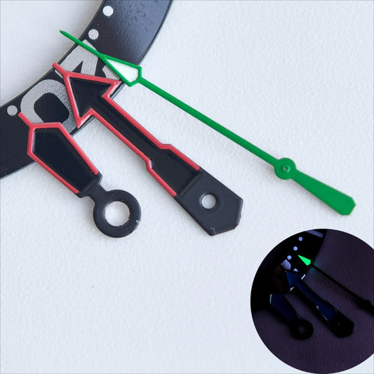 Black watch hands with red trim and green lume, designed for NH35/36 movement