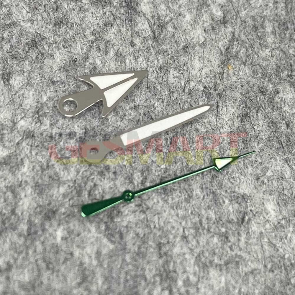 Green luminous watch hands with black, silver, and gold trim for NH35/NH36 movement, enhancing readability and style.