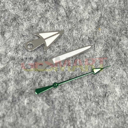 Green luminous watch hands with black, silver, and gold trim for NH35/NH36 movement, enhancing readability and style.