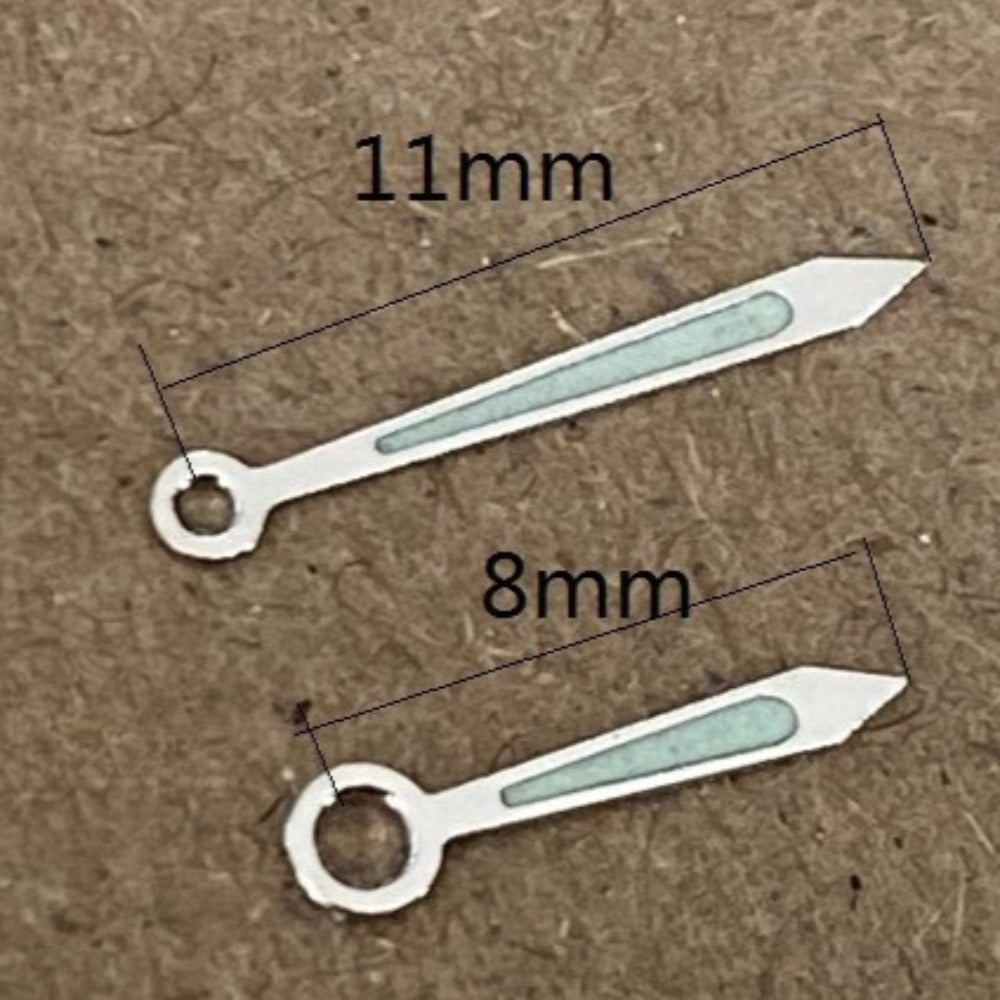 Silver trim green lume watch hands for Ronda 763 762 751 1062 1063 movements, precise fit, durable design.