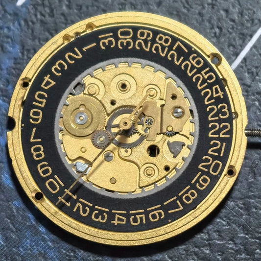 Swiss Made watch accessory featuring ETA255.412 quartz movement with black dial and gold accents.