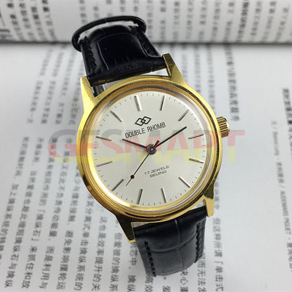 Beijing Double Rhomb manual watch with golden case, silver nail markers, classic style for collectors.