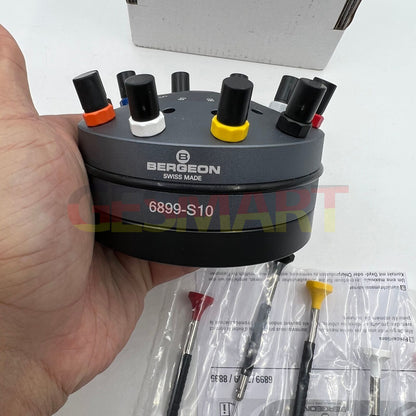 Bergeon 6899-S10 stainless steel screwdrivers set with elastomer handles for watch accessory repairs.