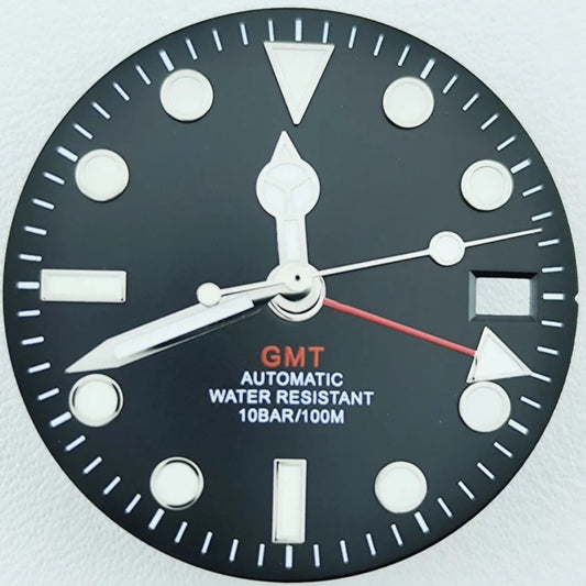 Black 28.5mm Red Pointed GMT Hand Green Lume Watch Dial with Hands Fit for NH34