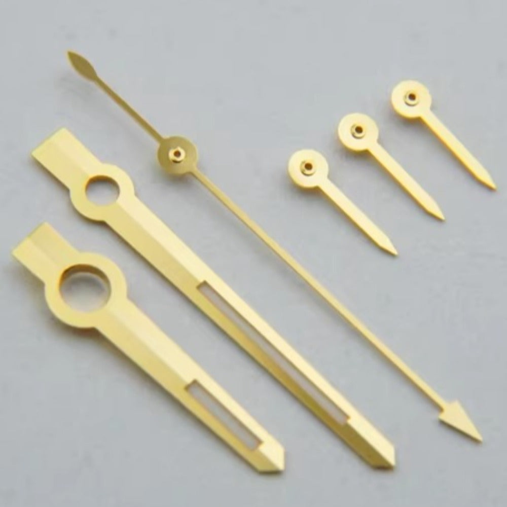 Golden trim C3 blue lume watch hands for 4130 mechanical movement, perfect for luxury watch repairs.