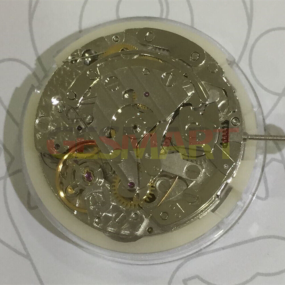 Mechanical watch movement with 3 hands by China Made, model 7750/7753, small second at 6, precise timekeeping.