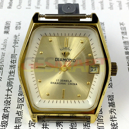 33mm Shanghai manual mechanical watch with diamond accents, 17 jewels, single calendar display.