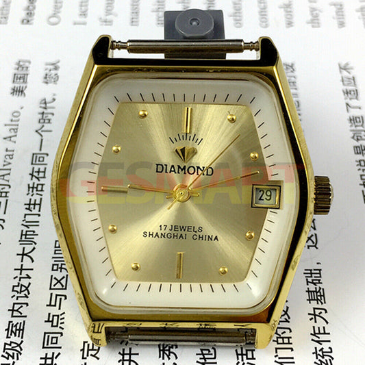 33mm Shanghai manual mechanical watch with diamond accents, 17 jewels, single calendar display.