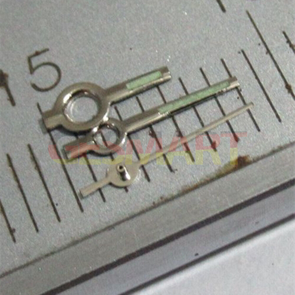 Green lume silver trim square pointed watch hands for Miyota 2035 2115 2105 2305 movements, precise fit and luminous.