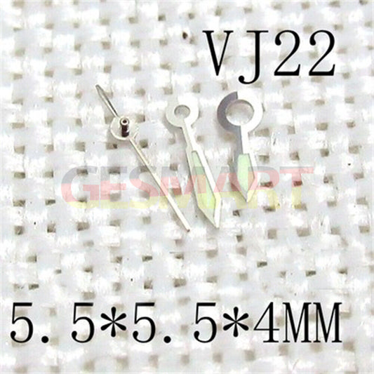 Silver trim green luminous watch hands for Epson VJ22 movement, precise fit for glow-in-the-dark readability.