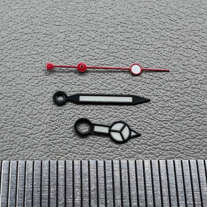 White painted watch hands with matte black trim and red second hand for NH35/36 movement, Seiko compatible.