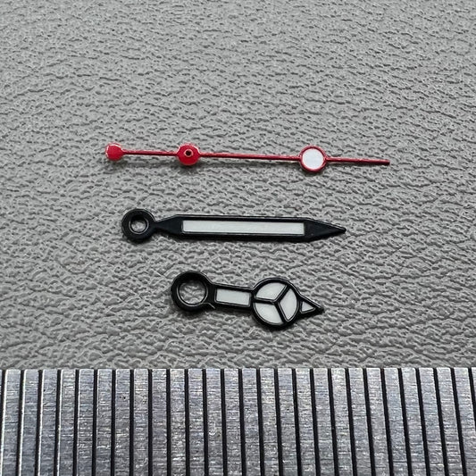 White painted watch hands with matte black trim and red second hand for NH35/36 movement, Seiko compatible.