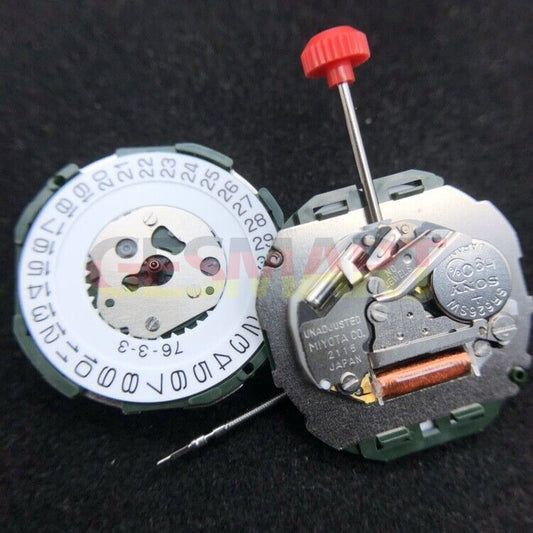 Miyota 2115 Japan Quartz Movement watch mechanism showing date at 3 o'clock position, precise timekeeping for accessories.