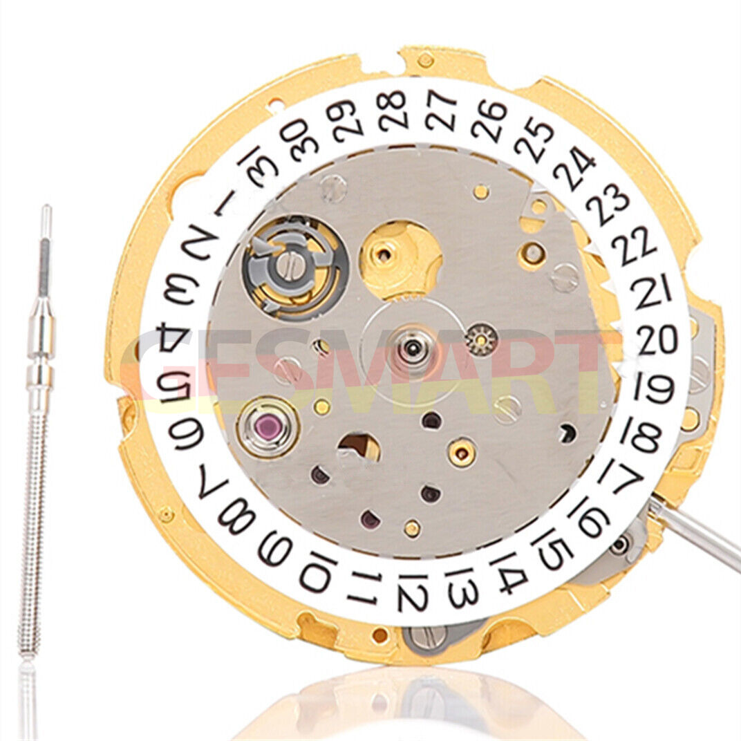 Golden Miyota Citizen 8200 8215 mechanical watch movement displaying single calendar by Miyota.