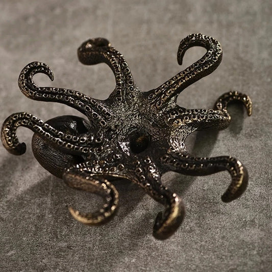 Solid copper vintage octopus figurine, hand-carved bronze trinket, perfect for decor.