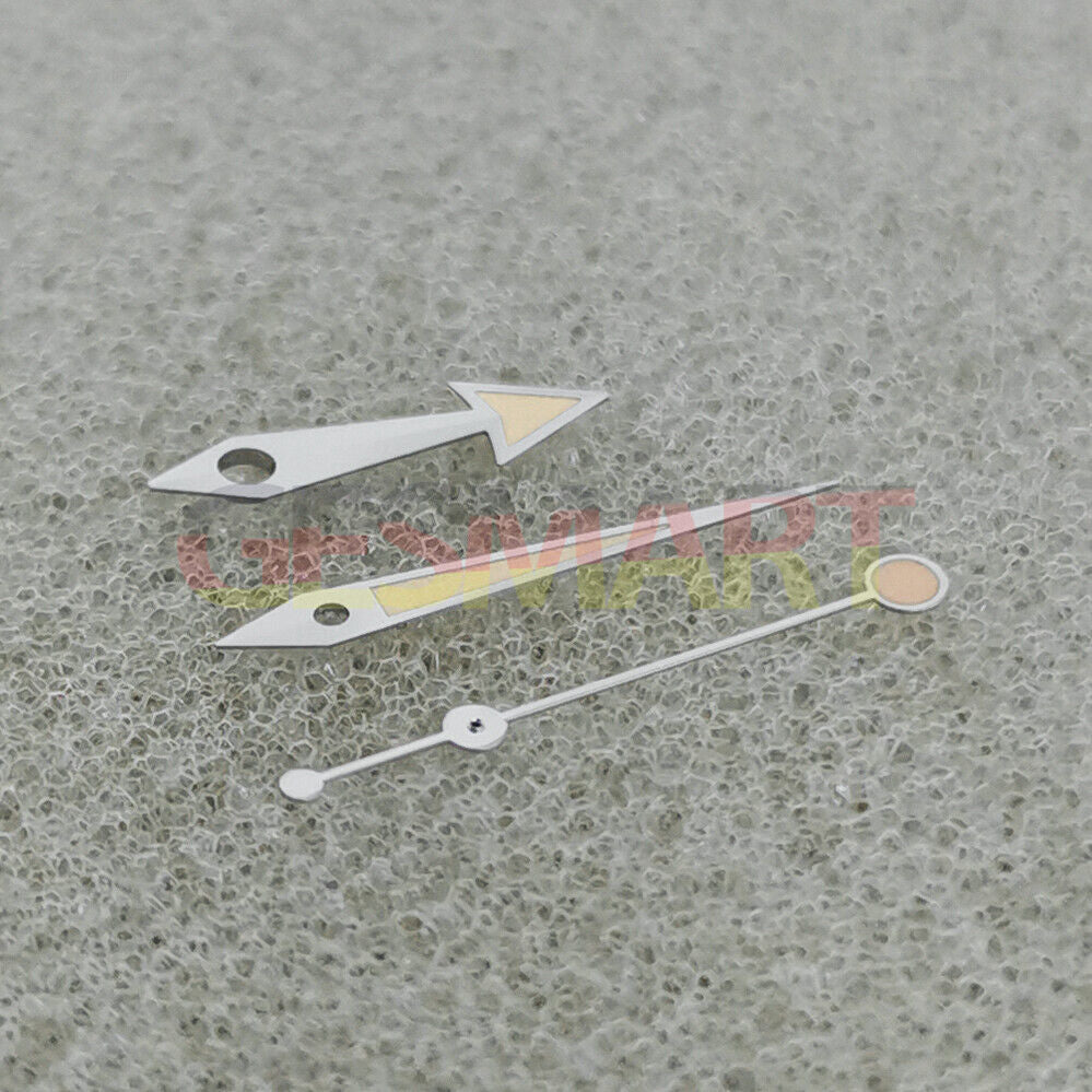 Green luminous watch hands with silver trim and orange accents for NH35, NH36, 4R, 7S movements, perfect for watch repairs.