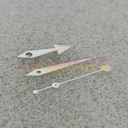 Green luminous watch hands with silver trim and orange accents for NH35, NH36, 4R, 7S movements, perfect for watch repairs.